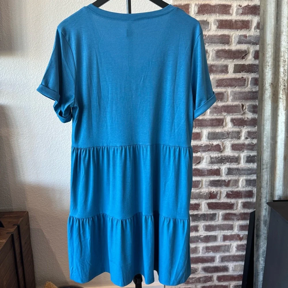 NEW Blue V-Neck Tiered Women's Short Sleeve Spring/Summer Dress - Large - Picture 2 of 4